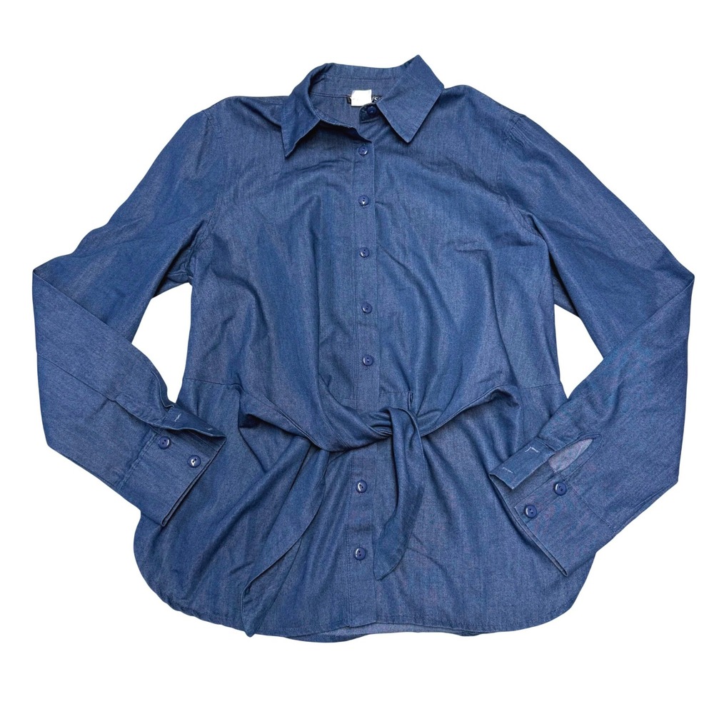 Venus Blue Chambray Tie Front Button Down Shirt Long Sleeve Blouse Size 10 Denim